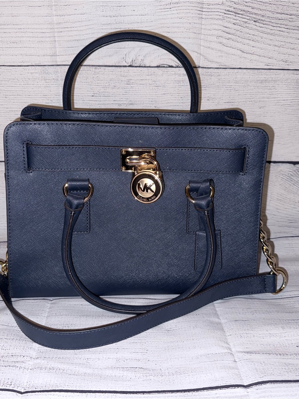 Michael Kors Navy Saffiano Satchel with Gold Hardware